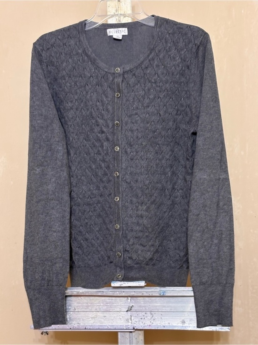 Eclectic Women's Charcoal Gray Diamond Knit Cardigan Sweater Sz XL